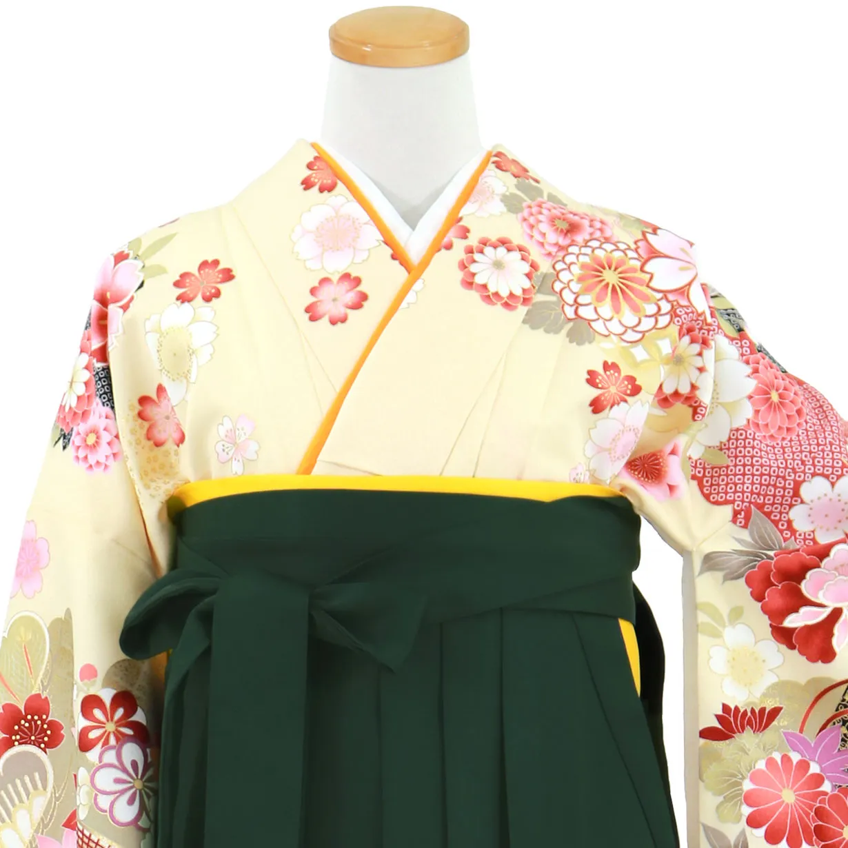 淡黄色地に貝桶と四季花・深緑袴（無地） （二尺袖）／卒業式 正面詳細