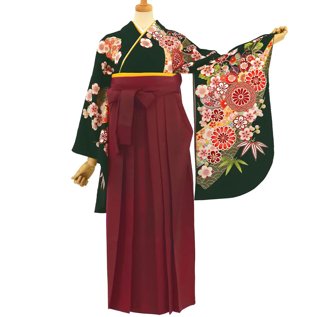紫地に桜と橘・黒袴（無地） （二尺袖）／卒業式 | 宅配着物レンタルの