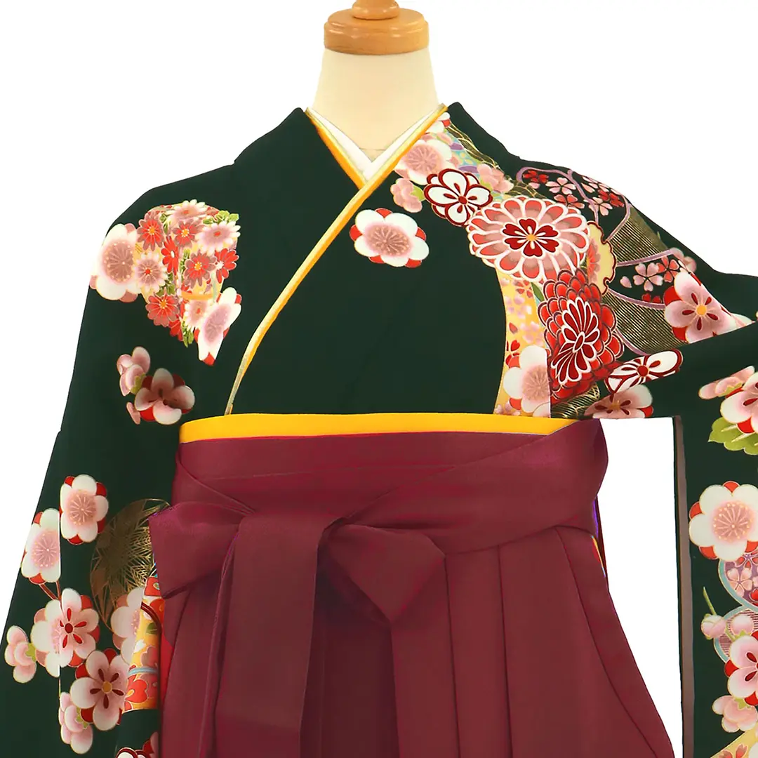 深緑地に菊と桜、臙脂袴（無地）（二尺袖）／卒業式／正面詳細