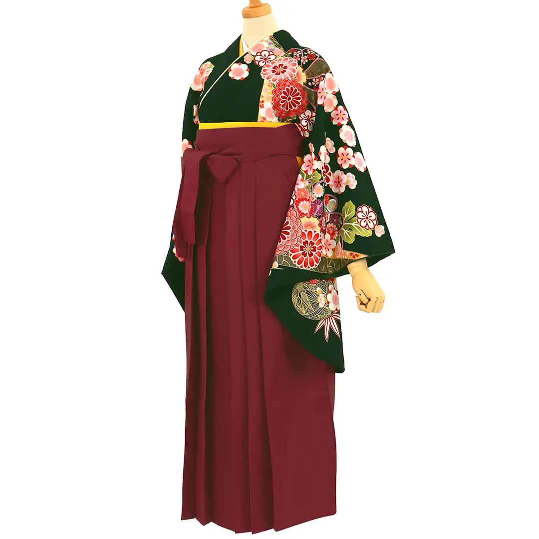 深緑地に菊と桜、臙脂袴（無地）（二尺袖）／卒業式／斜め
