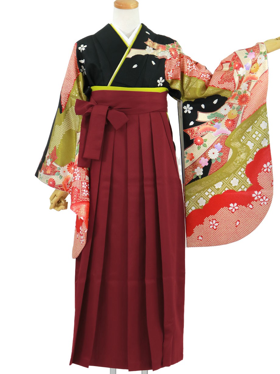 黒地に疋田と束ね熨斗 臙脂袴 無地 二尺袖 卒業式 宅配着物レンタルの京都かしきもの