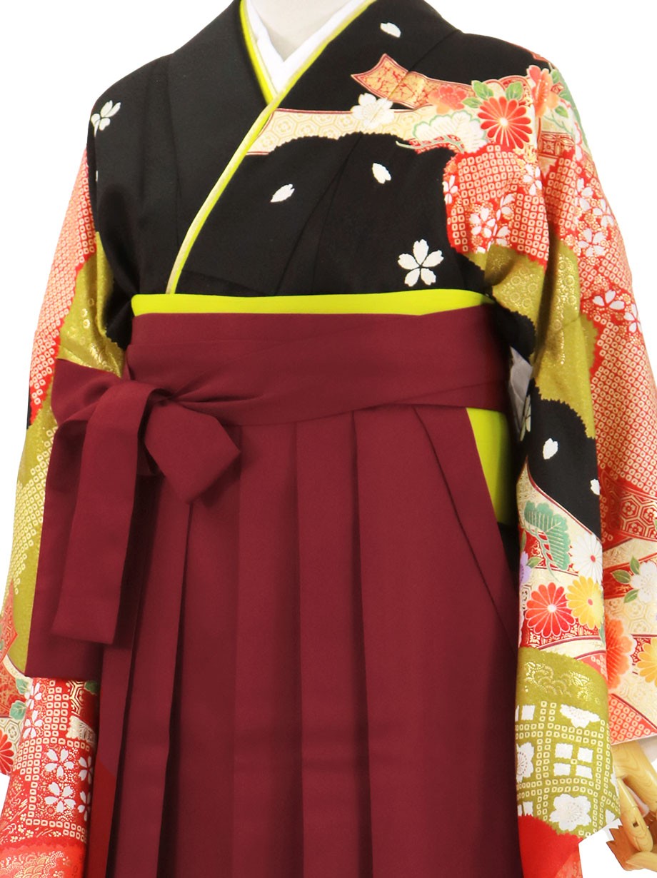 黒地に疋田と束ね熨斗 臙脂袴 無地 二尺袖 卒業式 宅配着物レンタルの京都かしきもの