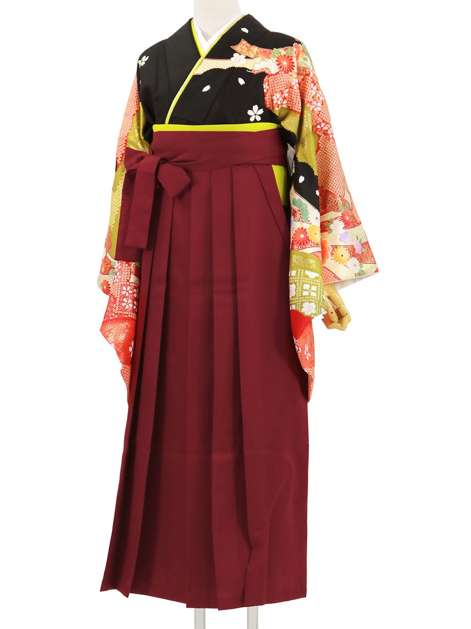 黒地に疋田と束ね熨斗 臙脂袴 無地 二尺袖 卒業式 宅配着物レンタルの京都かしきもの