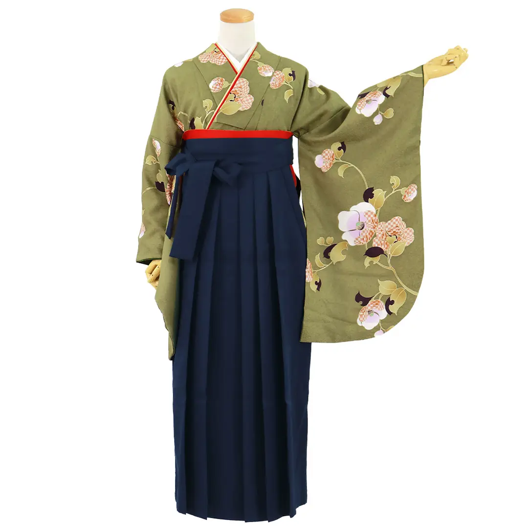 抹茶地に椿・紺袴（無地） （二尺袖）／卒業式／正面