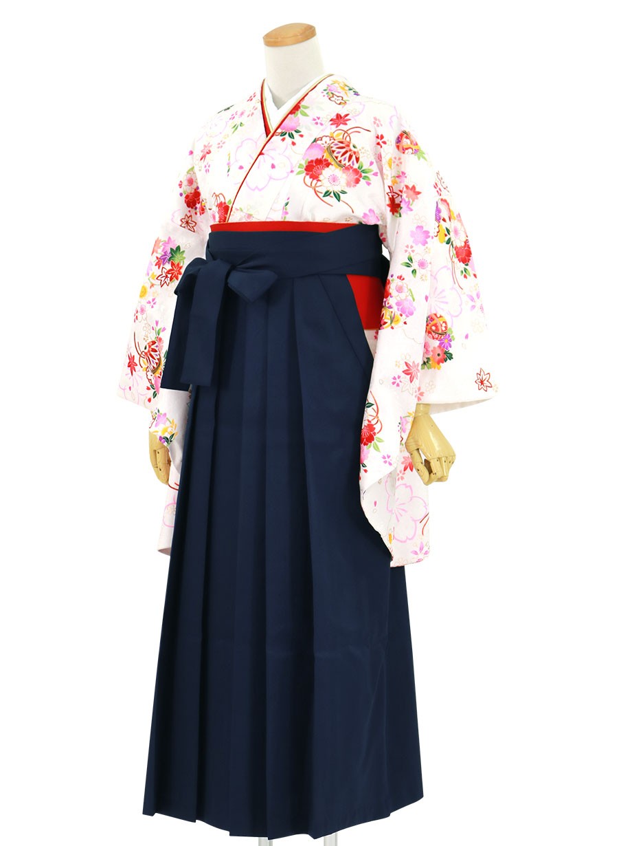 白地に桜と鞠・紺袴（無地） （二尺袖）／卒業式 | 宅配着物レンタルの 