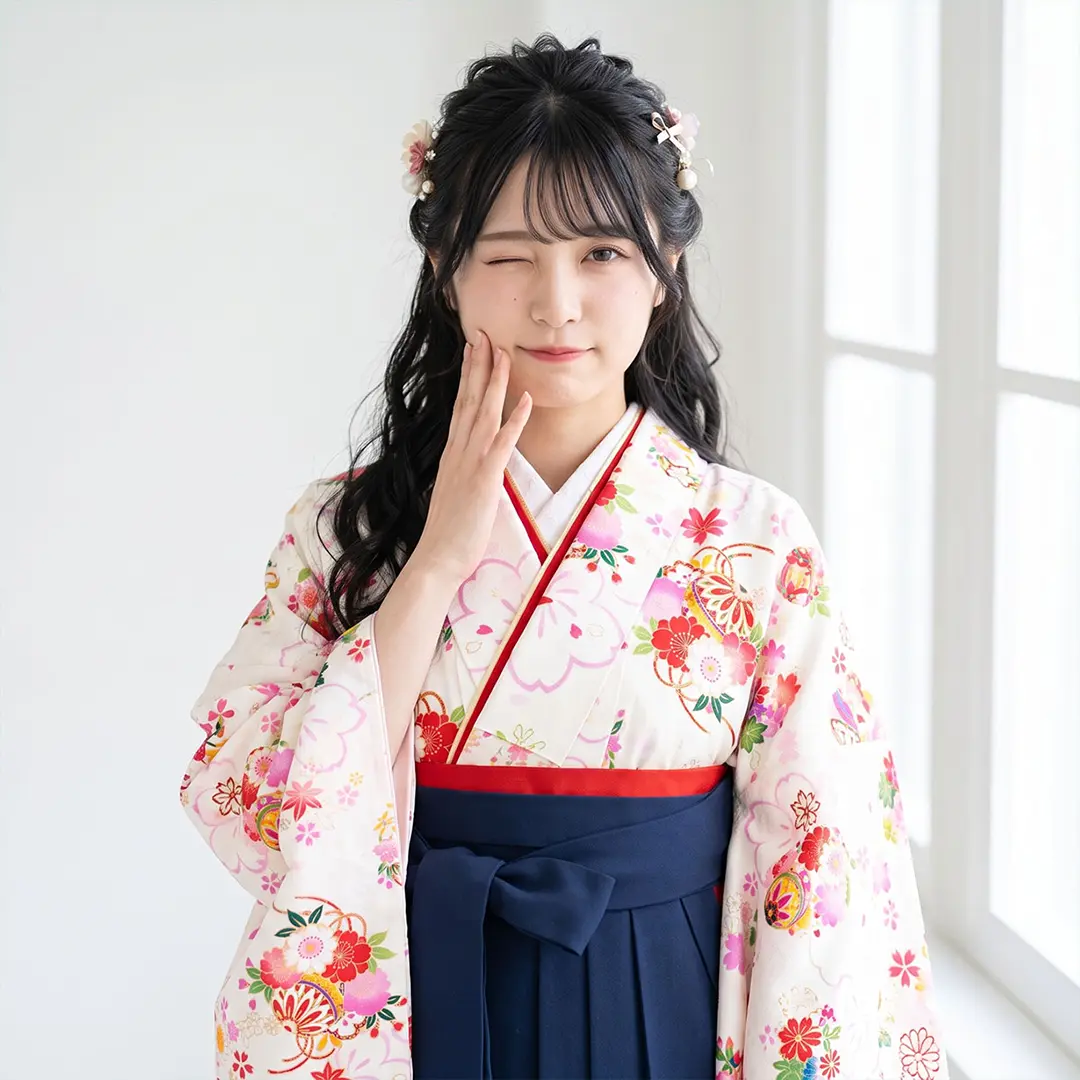 白地に桜と鞠・紺袴（無地） （二尺袖）／卒業式／着用イメージ