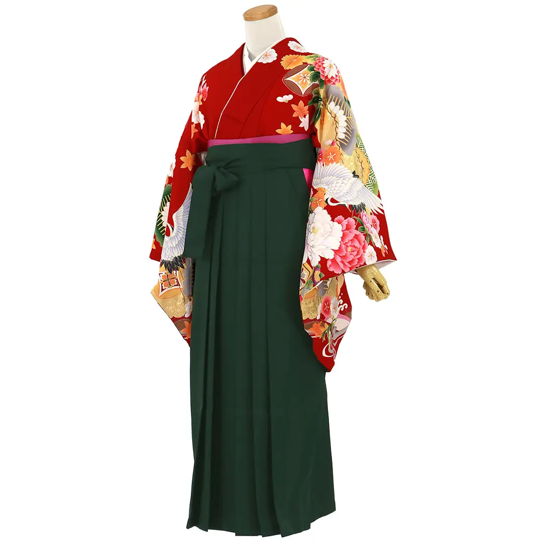 赤色に鶴と牡丹・深緑袴（無地）（二尺袖）／卒業式／斜め