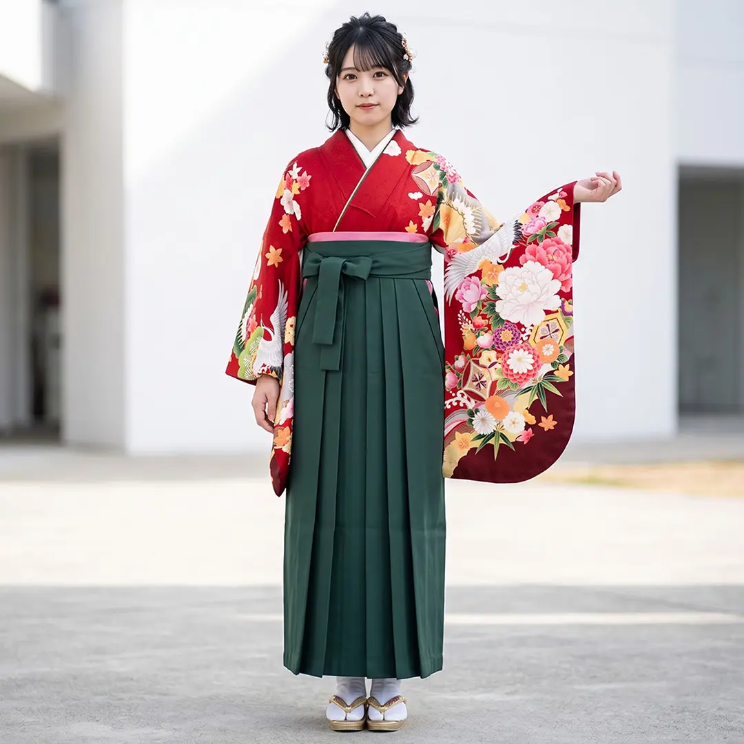 赤色に鶴と牡丹・深緑袴（無地） （二尺袖）／卒業式／着用イメージ
