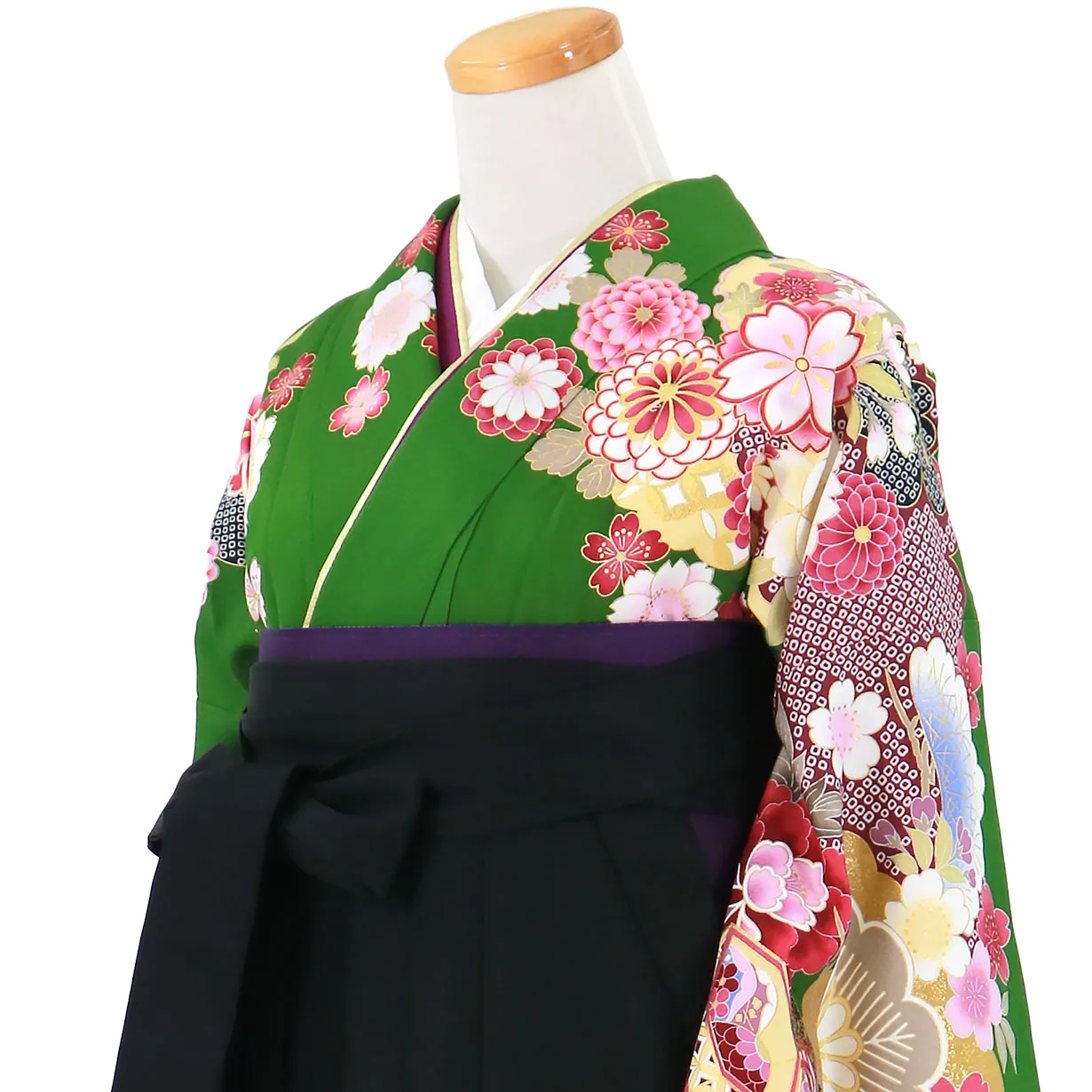 緑地に貝桶と四季花、黒袴（無地）（二尺袖）／卒業式 斜め詳細