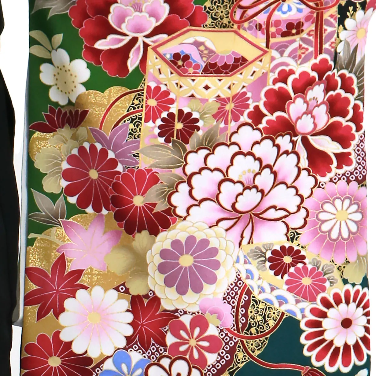 緑地に貝桶と四季花、黒袴（無地）（二尺袖）／卒業式 袖詳細