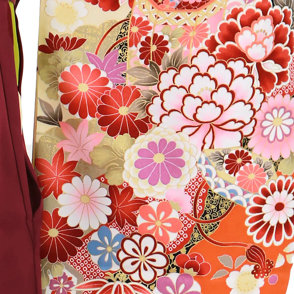 淡黄色地に貝桶と四季花、臙脂袴（無地）（二尺袖）／卒業式 袖詳細