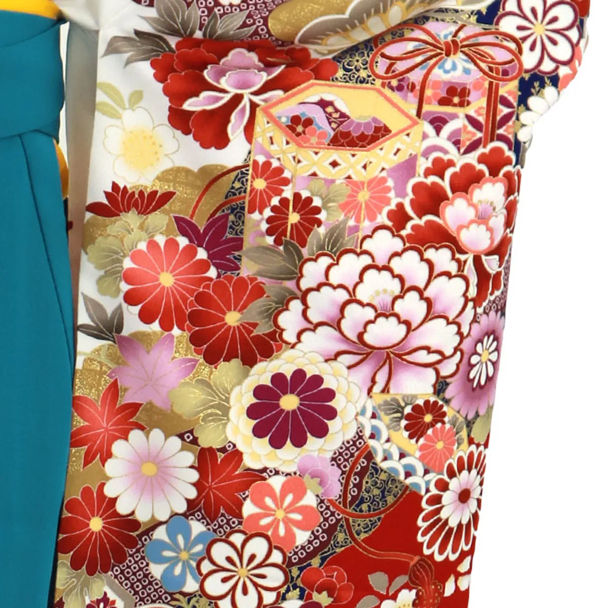 白地に貝桶と四季花、青袴（無地）（二尺袖）／卒業式 袖詳細