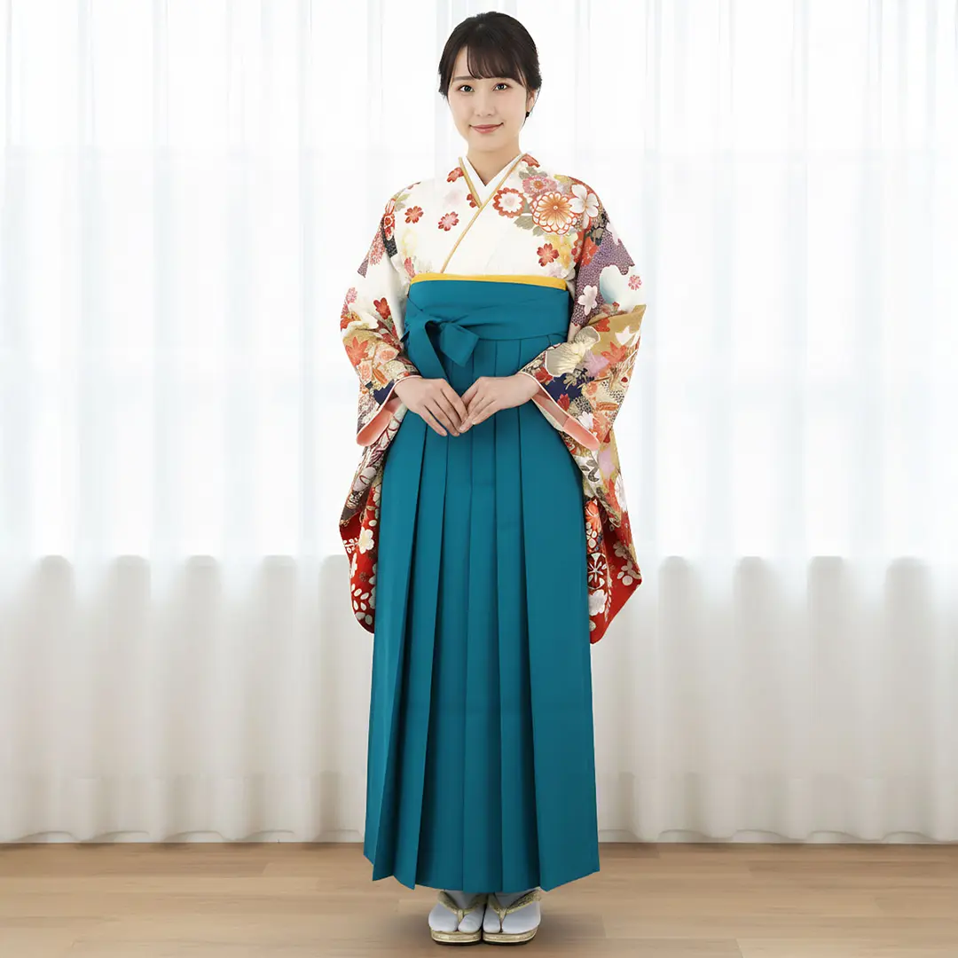 白地に貝桶と四季花、青袴（無地）（二尺袖）／卒業式／着用イメージ