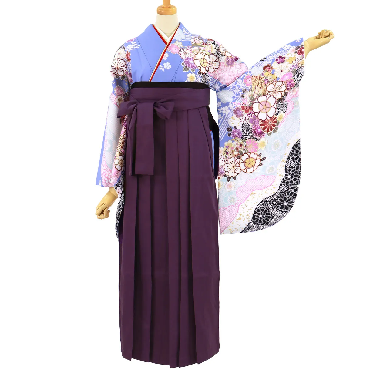 藤色地に桜と御所車・紫袴（無地） （二尺袖）／卒業式 | 宅配着物