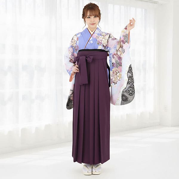 藤色地に桜と御所車・紫袴（無地） （二尺袖）／卒業式 | 宅配着物