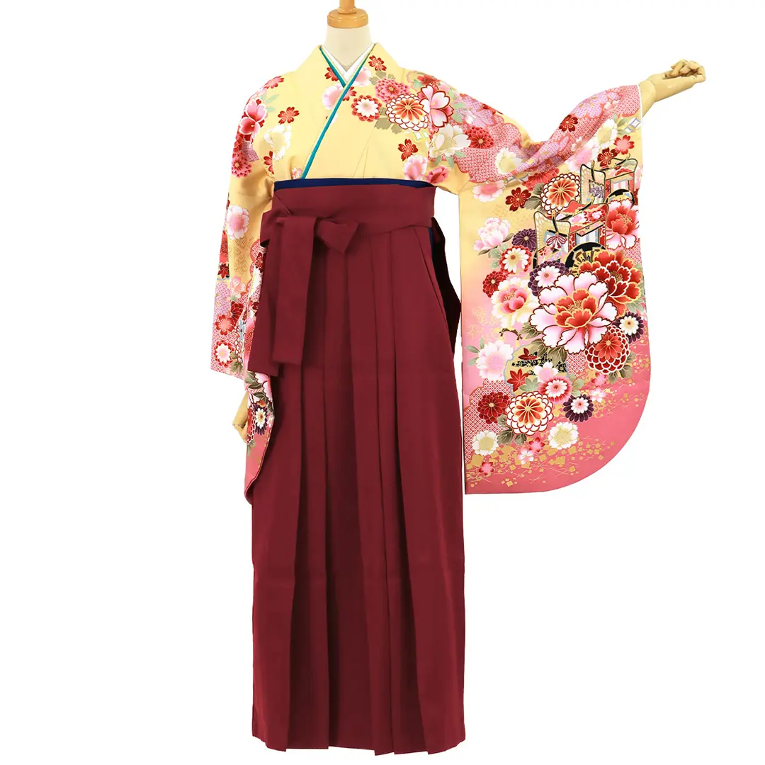 オレンジ地に桜と橘・紺袴（無地） （二尺袖）／卒業式 | 宅配着物