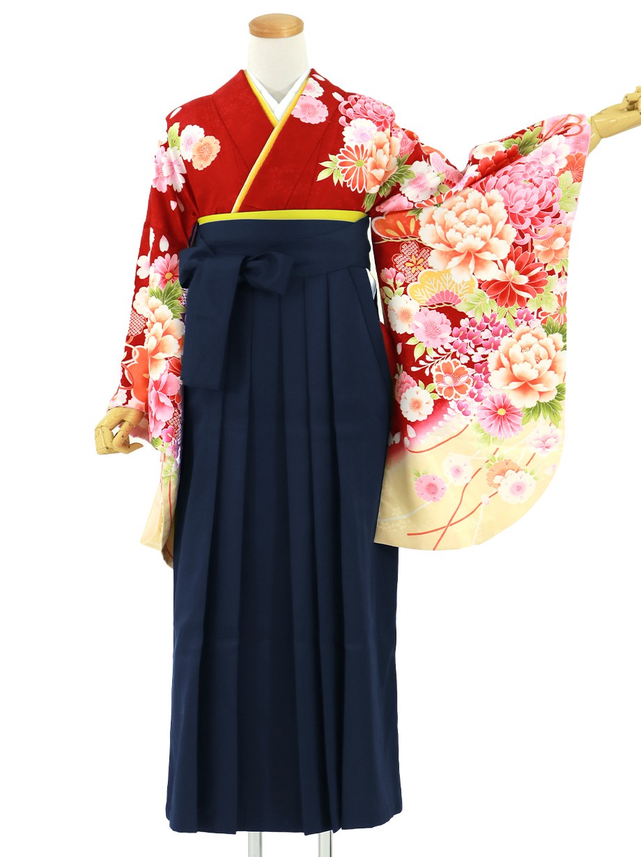 赤地に大輪の花、紺袴（無地）（二尺袖）／卒業式