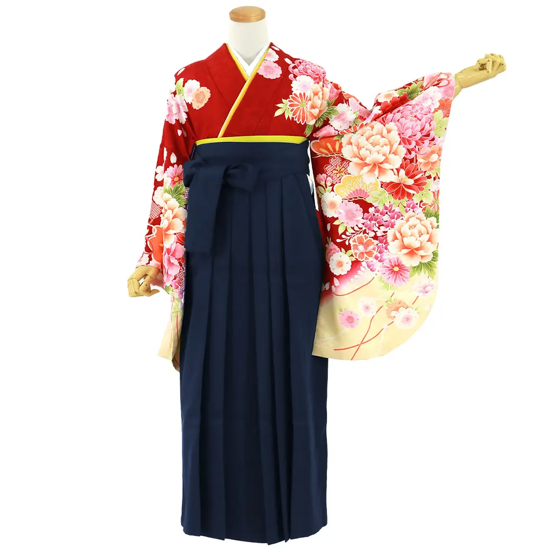 赤地に大輪の花・紺袴（無地） （二尺袖）／卒業式／正面