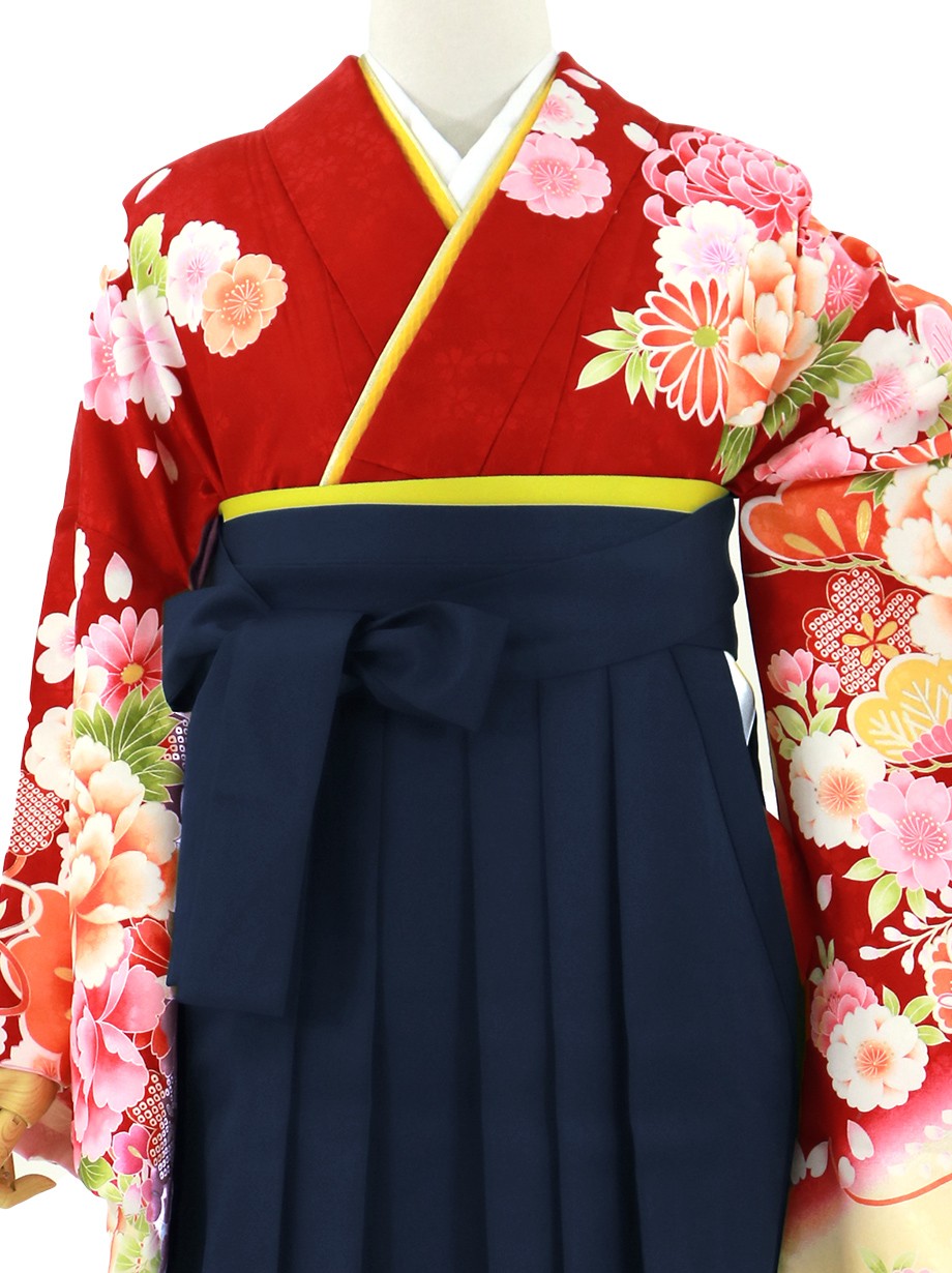 赤地に大輪の花、紺袴（無地）（二尺袖）／卒業式