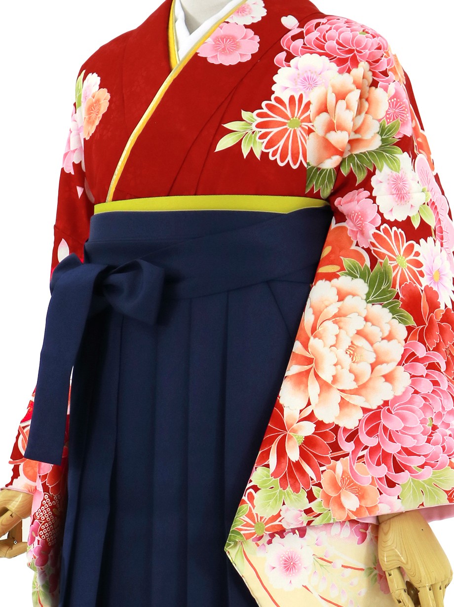 赤地に大輪の花、紺袴（無地）（二尺袖）／卒業式