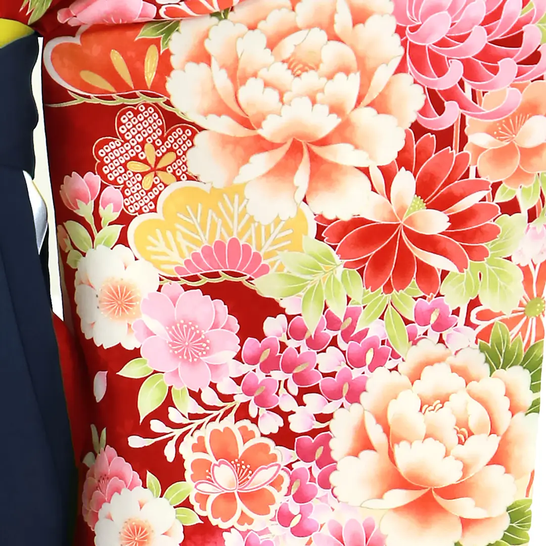 赤地に大輪の花・紺袴（無地） （二尺袖）／卒業式／柄詳細