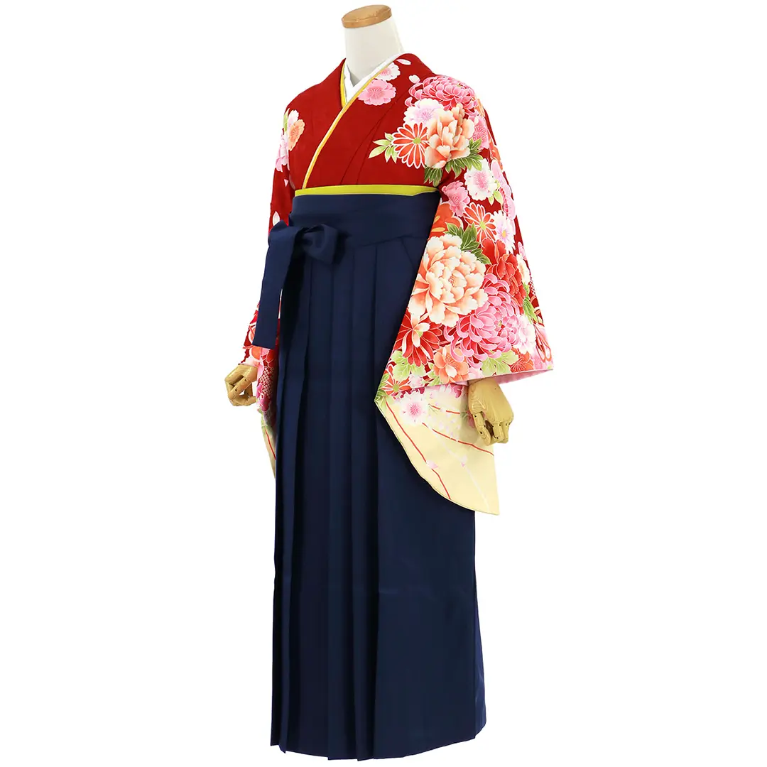 赤地に大輪の花・紺袴（無地） （二尺袖）／卒業式／斜め