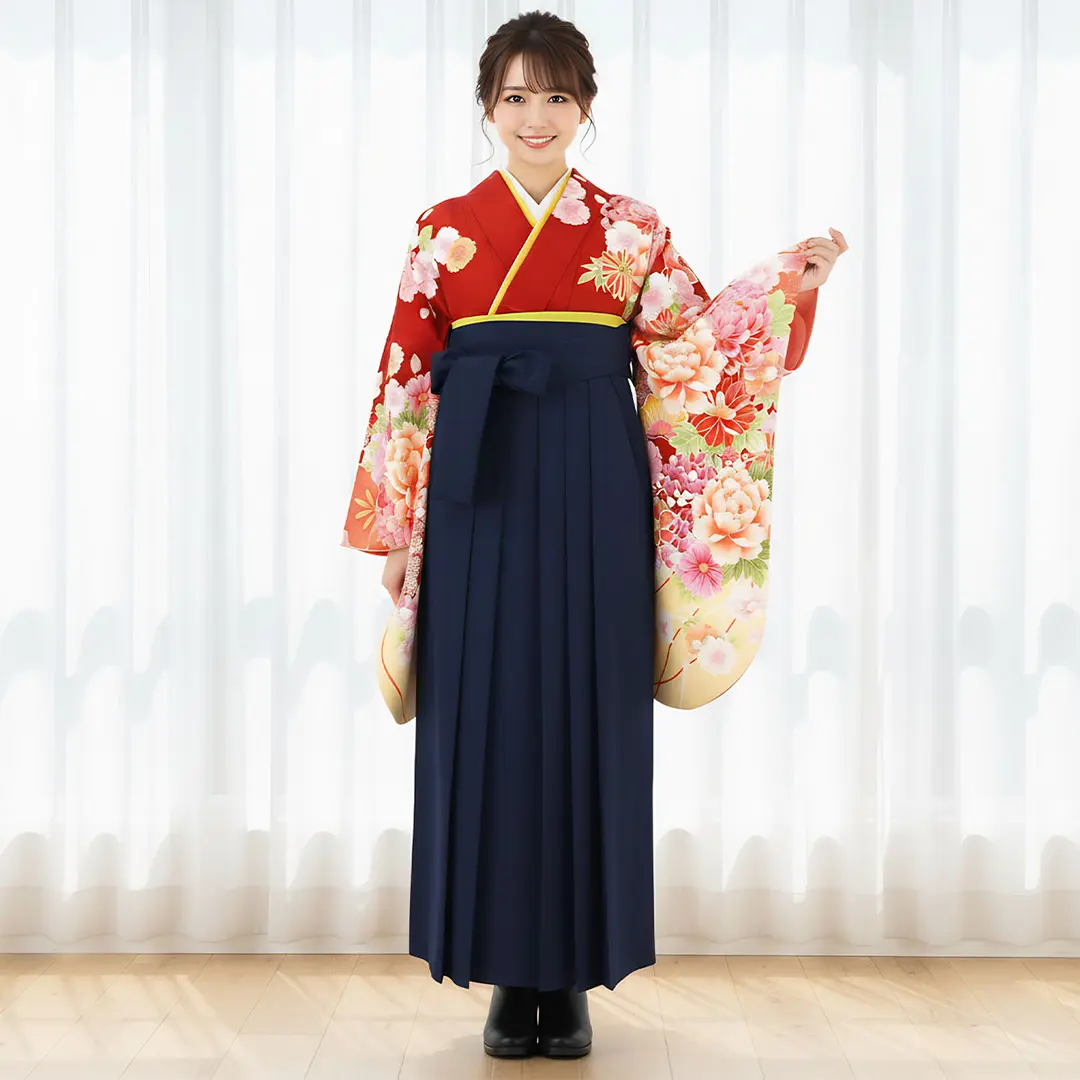 赤地に大輪の花・紺袴（無地） （二尺袖）／卒業式／着用イメージ