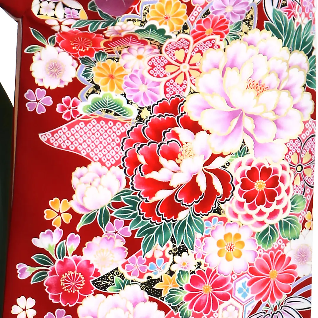 赤地に牡丹と四季花・深緑袴（無地） （二尺袖）／卒業式／柄詳細