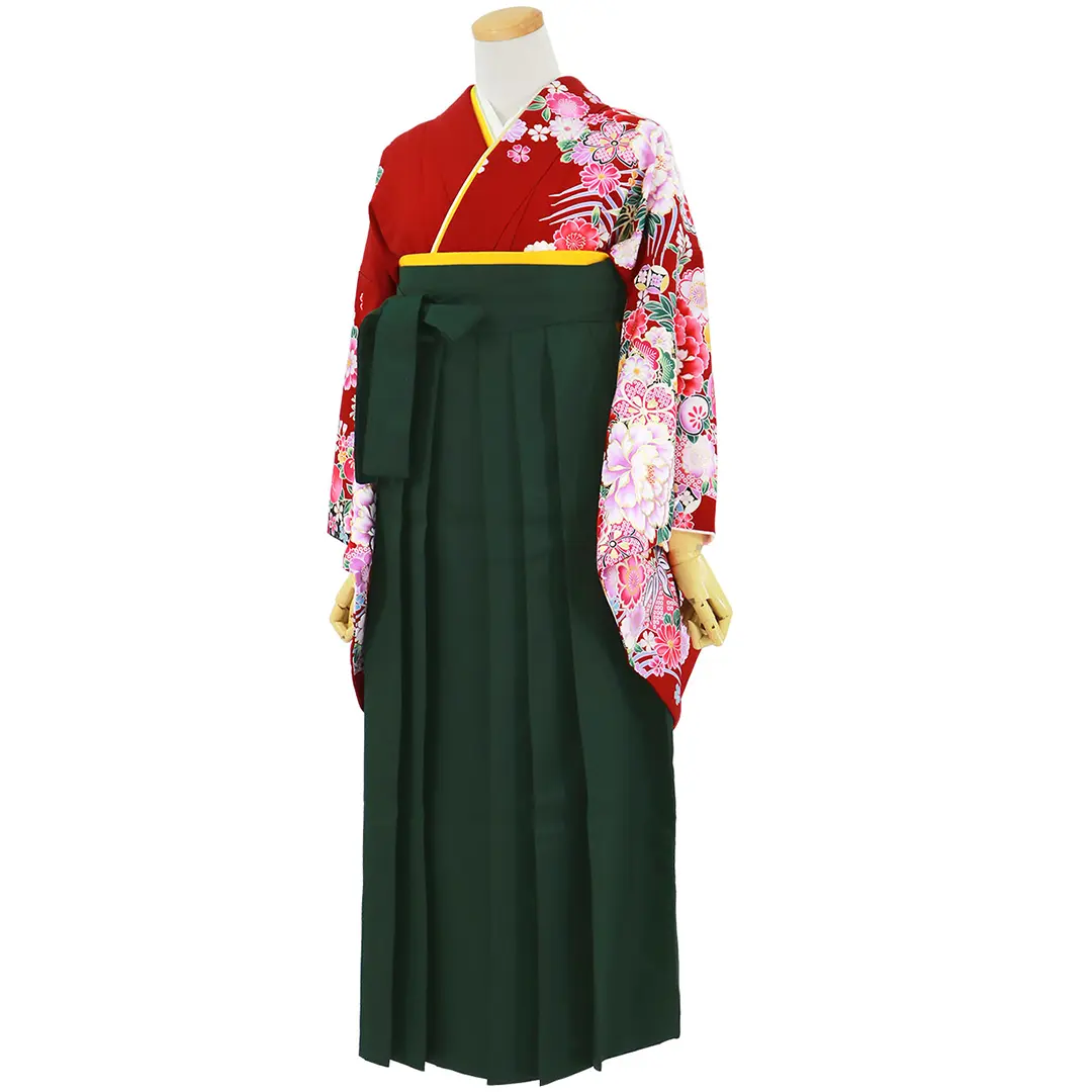 赤地に牡丹と四季花・深緑袴（無地） （二尺袖）／卒業式／斜め
