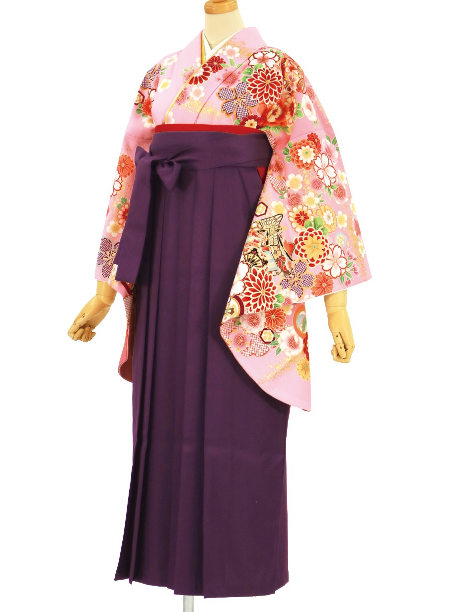 ピンク地に御所車と牡丹・紫袴（無地） （二尺袖）／卒業式 | 宅配着物