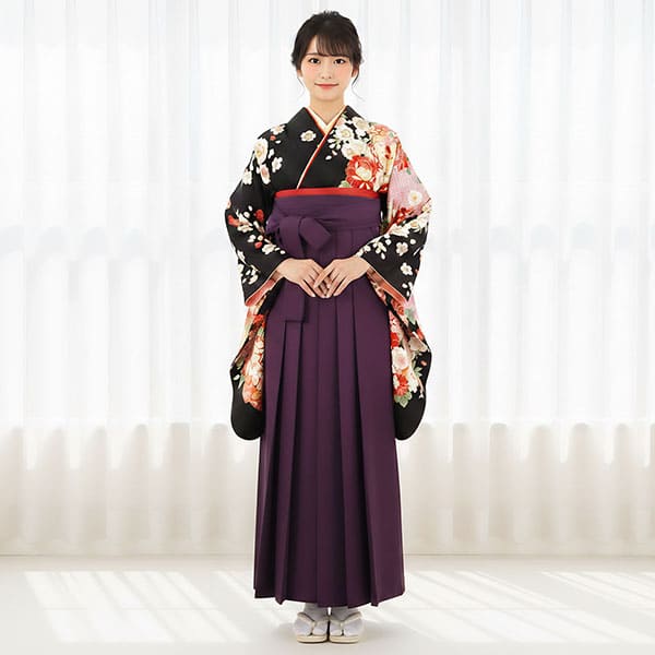 黒地に牡丹と短冊・紫袴（無地） （二尺袖）／卒業式