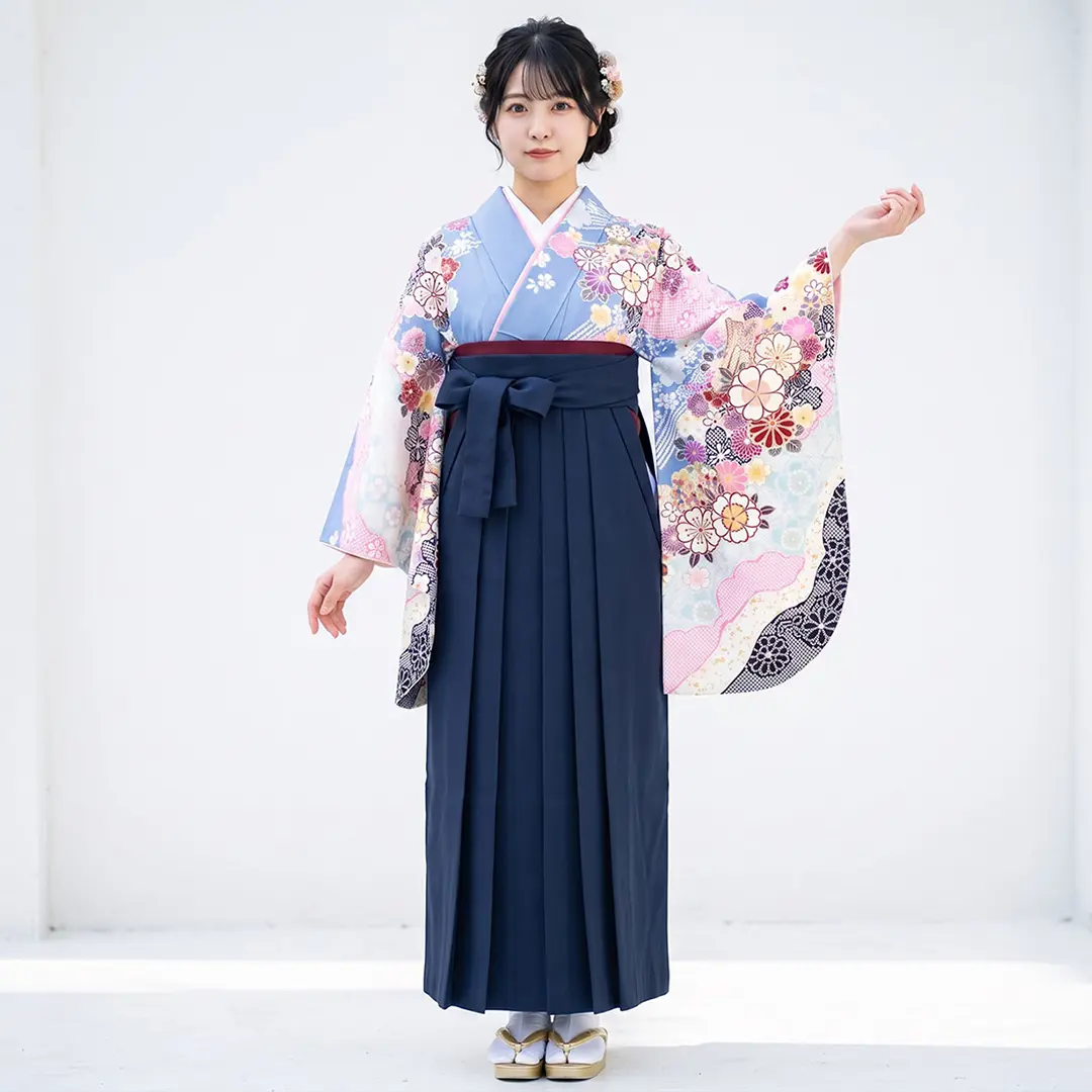 藤色地に桜と御所車・紺袴（無地） （二尺袖）／卒業式 | 宅配着物