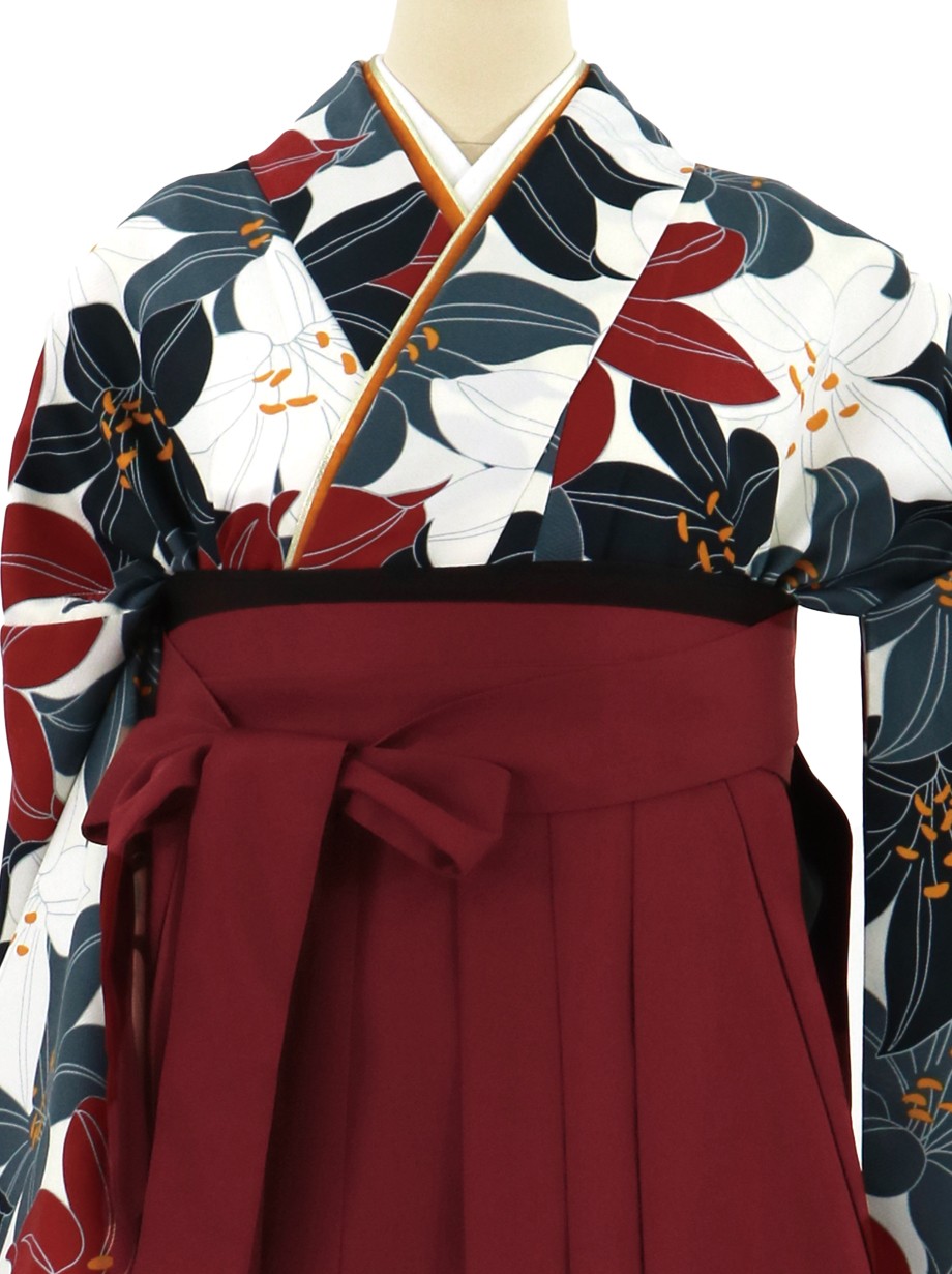 白地に紅白、灰色の百合づくし・臙脂袴（無地）（二尺袖）／卒業式