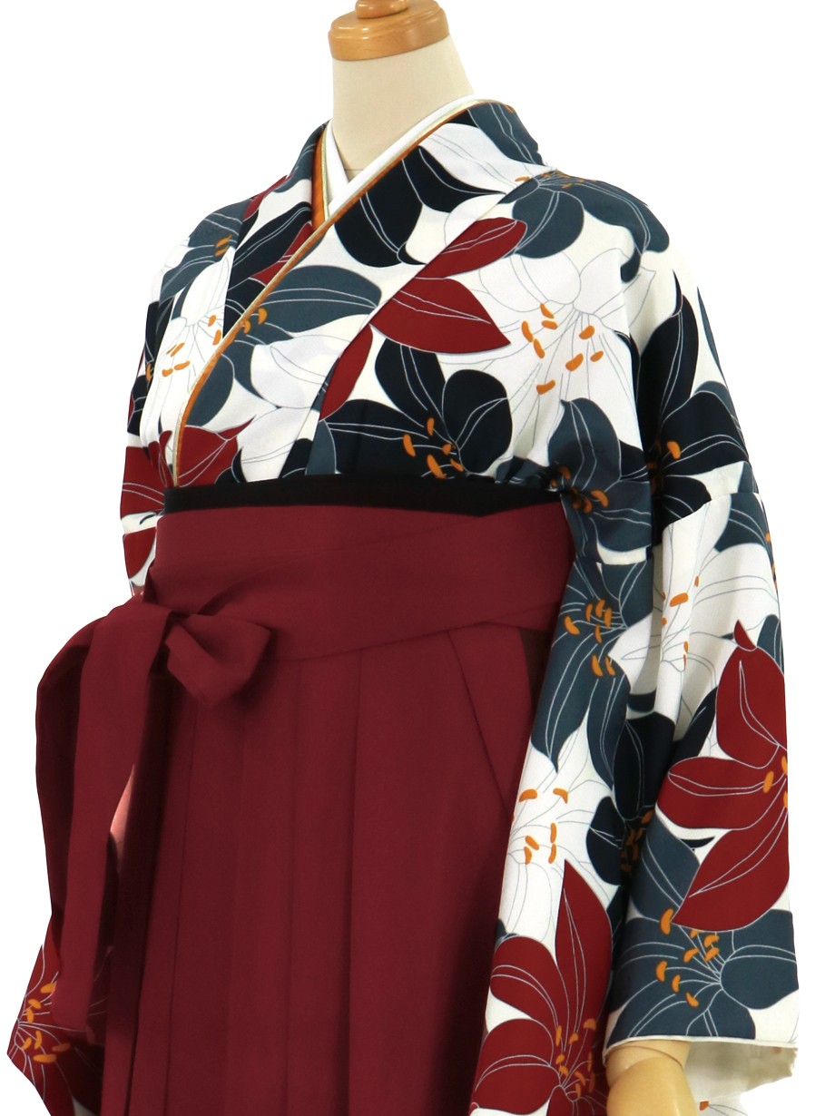 白地に紅白、灰色の百合づくし・臙脂袴（無地）（二尺袖）／卒業式