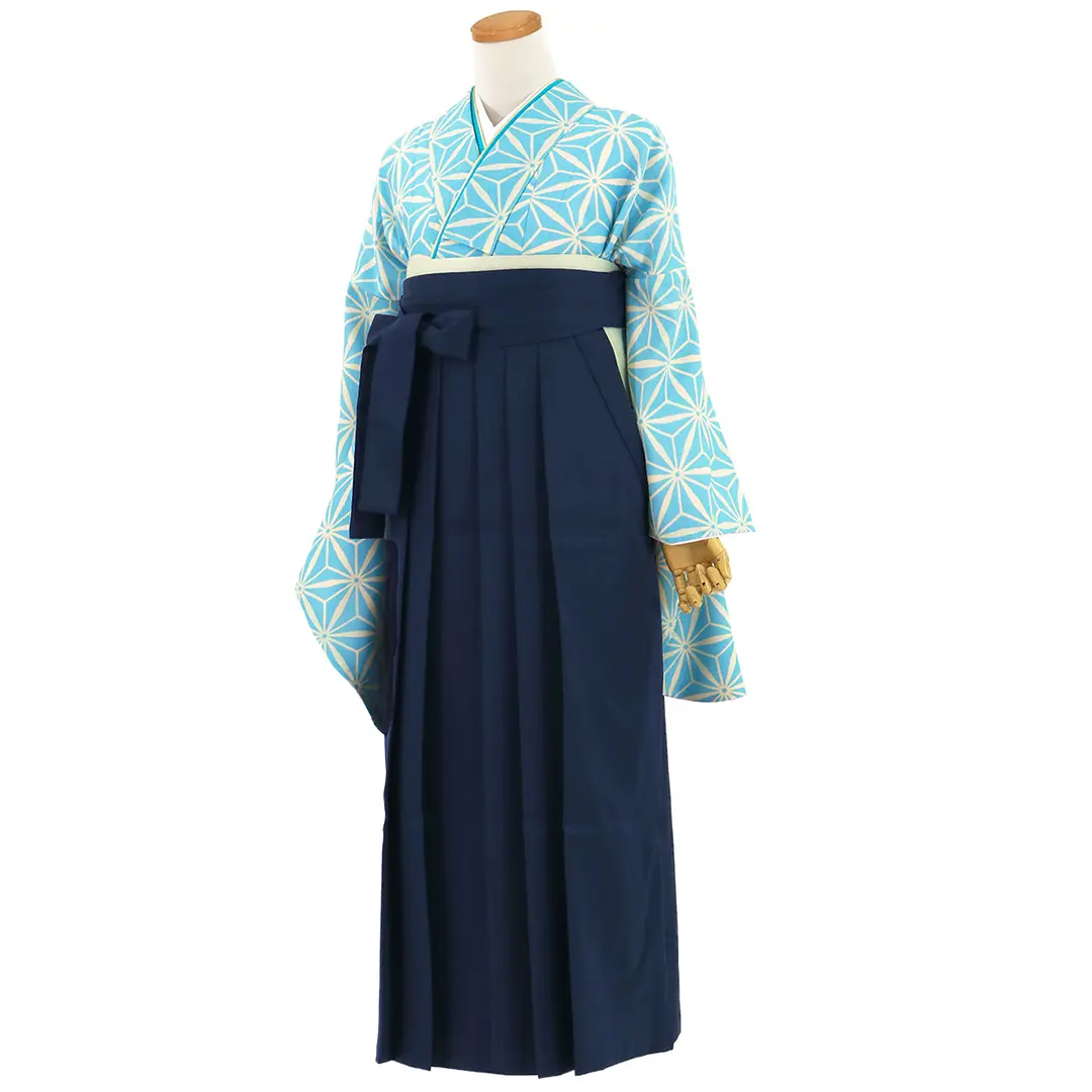 水色地に麻の葉・紺袴（無地） （二尺袖）／卒業式／斜め