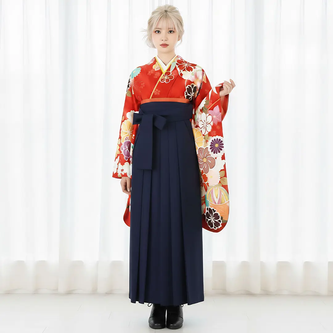 赤地に四季花と鞠・紺袴（無地） （二尺袖）／卒業式／着用イメージ    