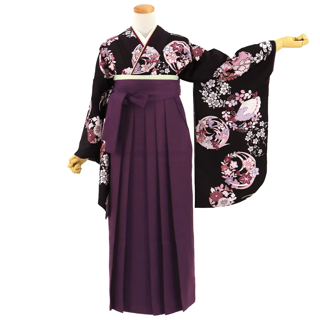黒地に竜胆文・紫袴（無地） （二尺袖）／卒業式 | 宅配着物レンタルの