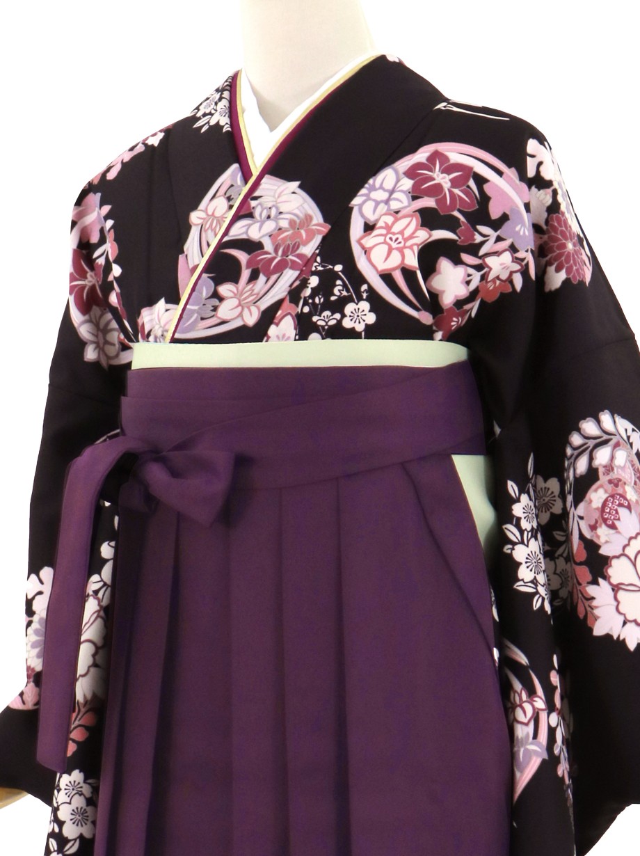 黒地に竜胆文・紫袴（無地） （二尺袖）／卒業式 | 宅配着物