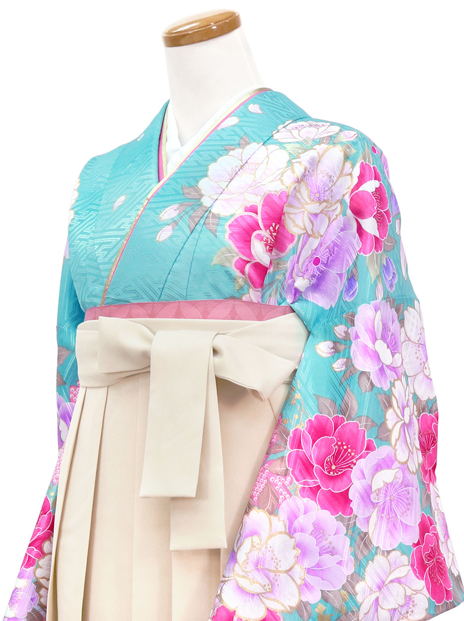 水色と桃色地に牡丹と桜・アイボリー袴（無地）（二尺袖）／卒業式