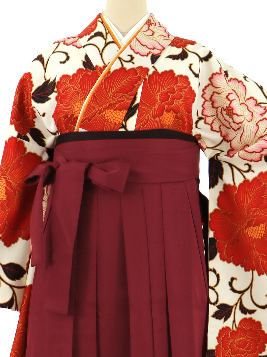 ≪ヒロミチナカノ≫白地に赤の牡丹・臙脂袴（無地） （二尺袖）／卒業