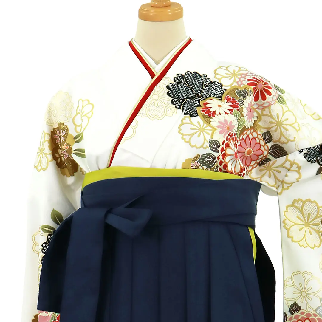 白地に菊と桜、紺袴（無地）（二尺袖）／卒業式／正面詳細