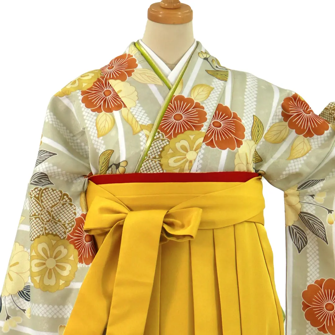 薄柳茶色にストライプと桜・マスタード袴（無地） （二尺袖）／卒業式**／正面詳細