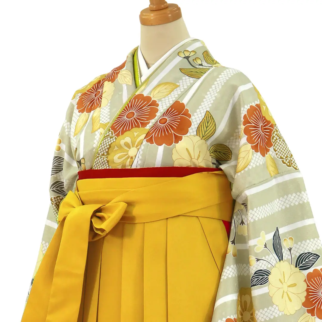 薄柳茶色にストライプと桜・マスタード袴（無地） （二尺袖）／卒業式**／斜め詳細