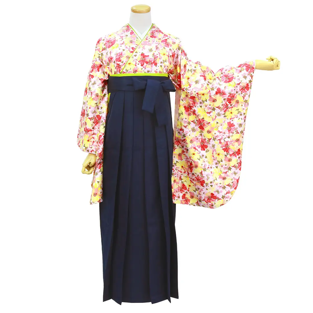 水彩ぼかし花柄（赤と黄色）・紺袴（無地） （二尺袖）／卒業式 | 宅配