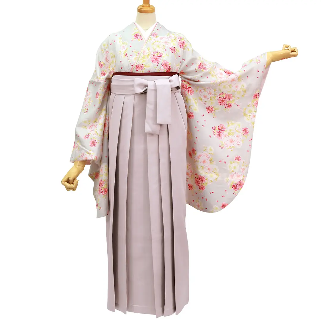 白灰地にピンクと白つつじ・くすみピンク袴（無地） （二尺袖）／卒業式／正面