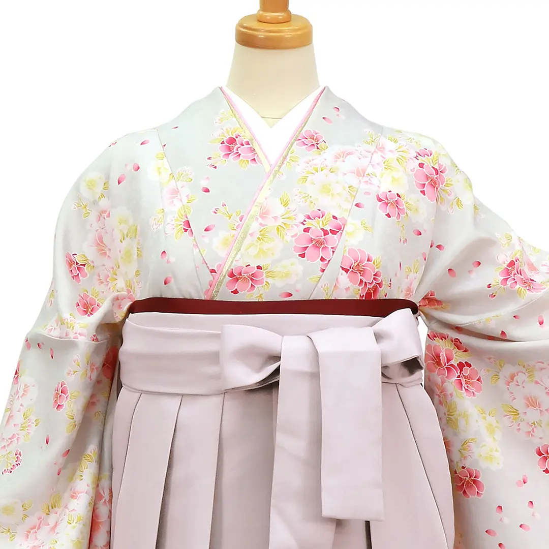 白灰地にピンクと白つつじ・くすみピンク袴（無地） （二尺袖）／卒業