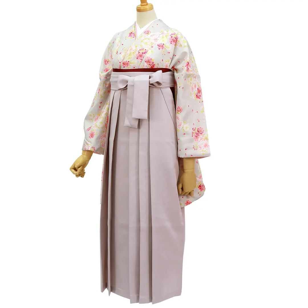 白灰地にピンクと白つつじ・くすみピンク袴（無地） （二尺袖）／卒業式／正面詳細／斜め