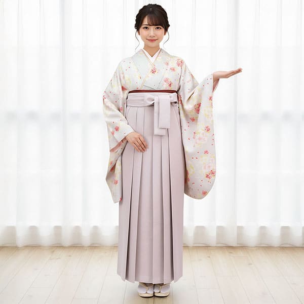 白灰地にピンクと白つつじ・くすみピンク袴（無地） （二尺袖）／卒業式