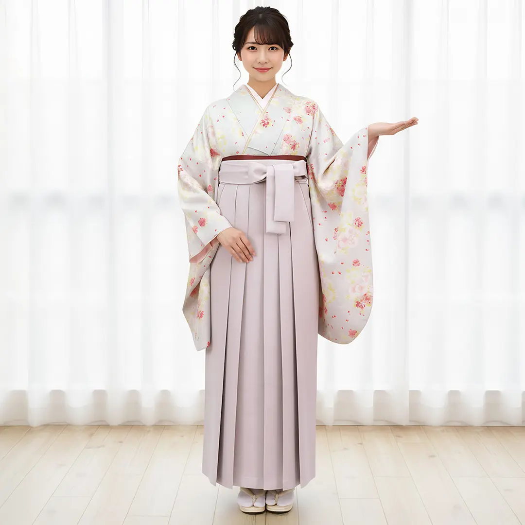 白灰地にピンクと白つつじ・くすみピンク袴（無地） （二尺袖）／卒業