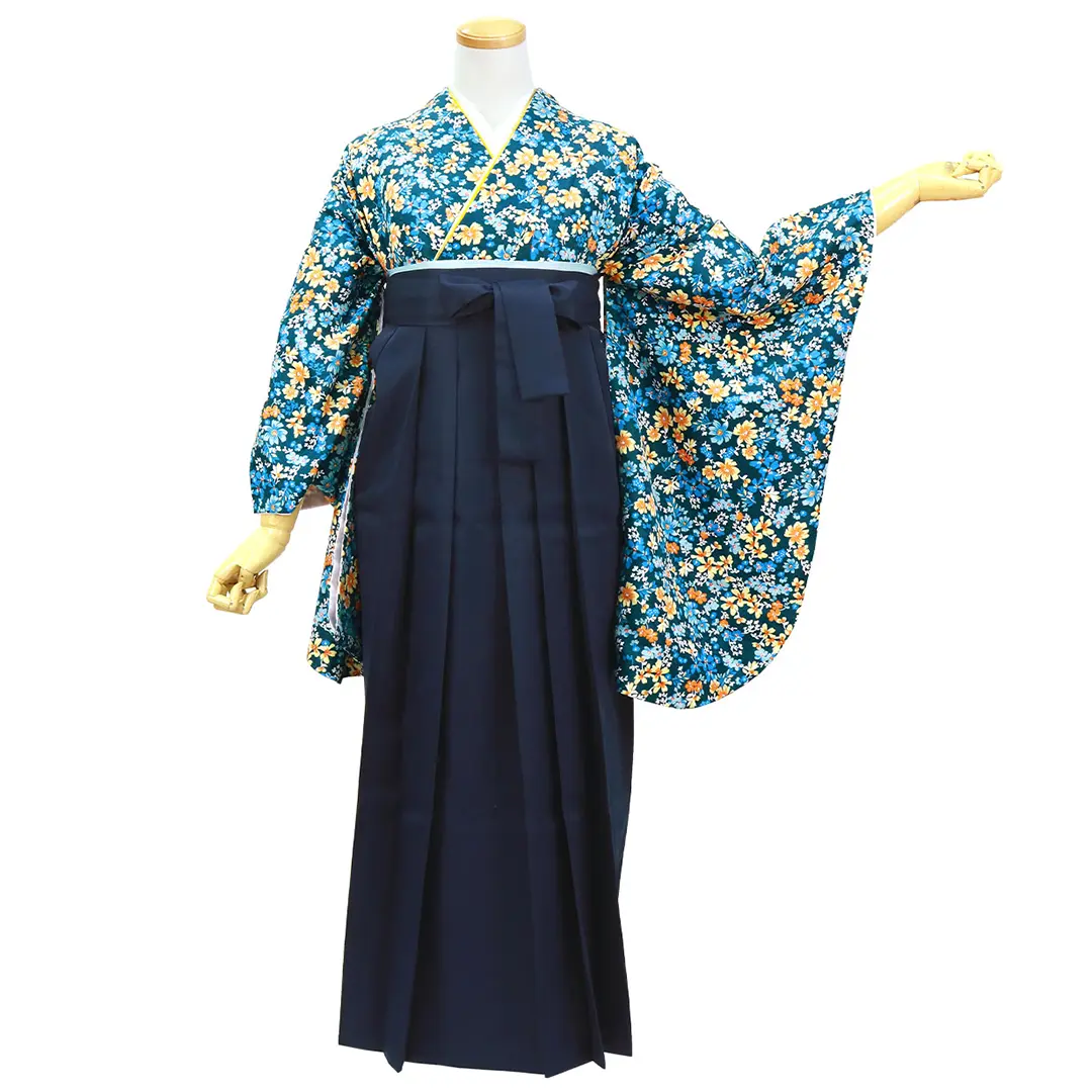 コバルト地に水色とオレンジの小花柄・紺袴（無地） （二尺袖）／卒業式／正面